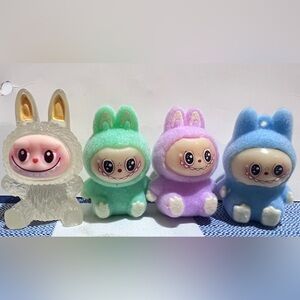 Cute Little Labubu Figurines in Green and Purple Set